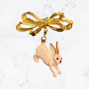 1996 Phister ENT gold tone bow brooch & White Bunny Rabbit charm rhinestones